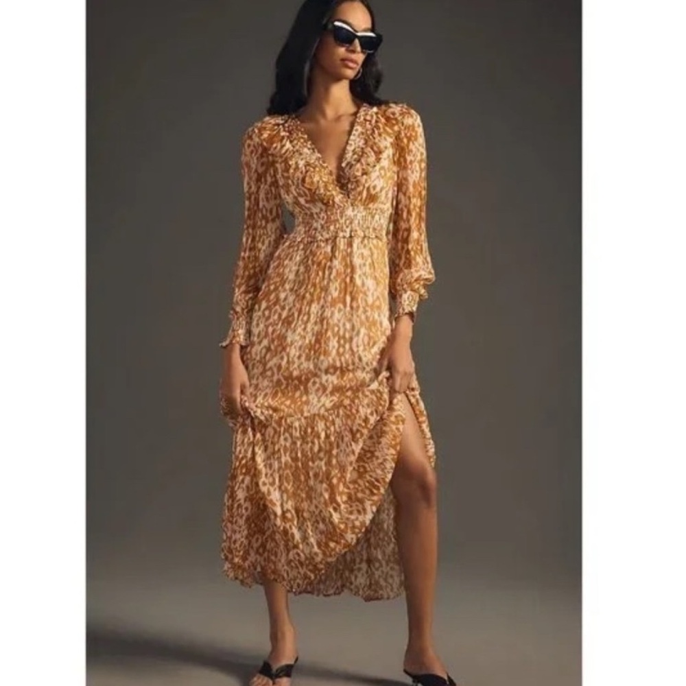 Anthropologie Odetta Maxi Dress Pockets Elastic Waist Ruffles Tiered Skirt Gold - Picture 3 of 16